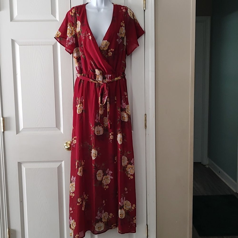 Rue21 Maroon floral print side slit v neck elastic waist fall cruise dress Sz L